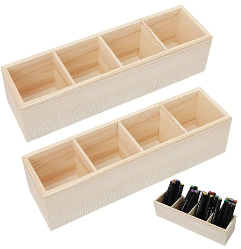 GOEDCH 2 soportes para lápices de madera: portalápices de madera con 4 compartimentos, práctico organizador para bolígrafos, lápices y tijeras para oficina y hogar, diseño ecológico