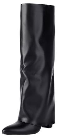 Wyongtao Bottes Knee High Pour Femme Fold Over Bottes Hauteur Genou Bottine Femme Hiver Long Bout Pointu Talon Haut Chaussure Botte En Cuir Botte Hautes Chic Et Elegant Chaussures Confortable
