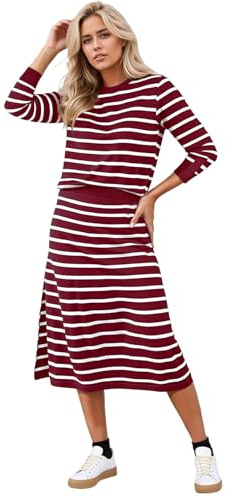 Conjunto de punto para mujer de suéter a rayas y falda midi - Traje de dos piezas en estilo marino | Conjunto elegante y cómodo para el día a día, Style_z04 Rojo, M