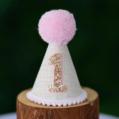 CELEMIRTH First Birthday Hat For Baby Boys/Girls One Year Old Cone And Crown Felt Birthday Hat Party Decorations Photo Props (Pink Hat)