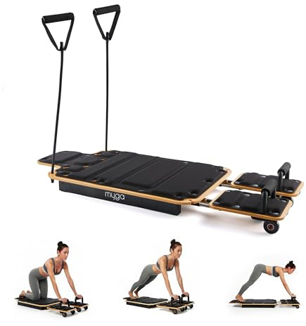 Myga Wooden Pilates Reformer – Home Pilates Machine with Adjustable Resistance & Padded Handles – Compact, Durable Reformer for Core Strength, Full-Body Workout, Toning & Flexibility