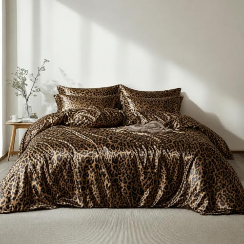 Lanqinglv - Funda nórdica de satén (200 x 200 cm, 2 fundas de almohada de 65 x 65 cm, estampado de leopardo, juego de cama para adultos, 2 personas, ropa de cama de satén de seda sedosa brillante con