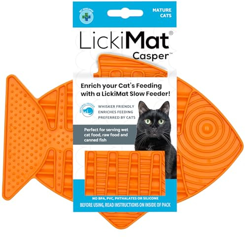 LICKIMAT Casper, Fish-Shaped Cat Slow Feeders for Feline Boredom and Anxiety Reduction; Perfect for Food, Treats and Anxiety Reduction, Orange