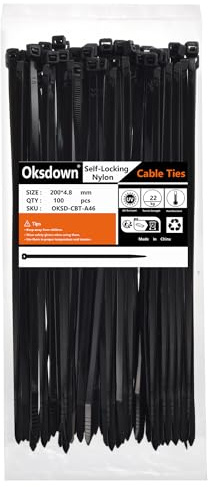 Oksdown 100 Pack Black Thick Cable Ties Heavy Duty Large 200mm×4.8mm Strong Nylon Plastic Self Locking 8 inch/20 cm Long Zip Tie Wraps