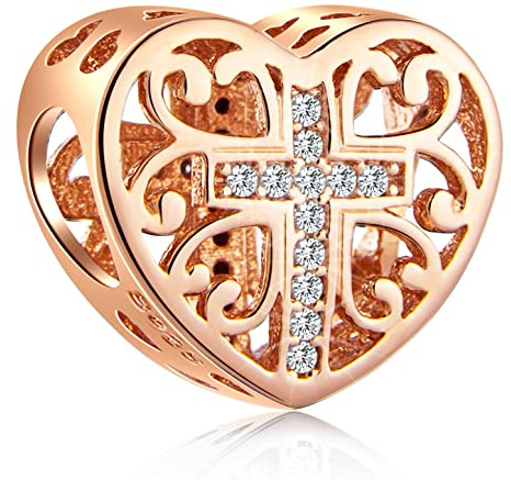 Oro Rosa Croce in Cuore Charms Fit Pandora Bracciale Religioso, 925 Sterling Argento Cristiano Preghiera Croce Collana Perline, Fede Speranza Charm Regali per i Migliori Amici/Nonna/Festa della Mamma