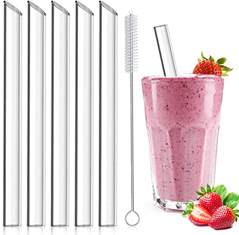 5 pajitas de té reutilizables de cristal [+cepillos de limpieza], pajita ecológica sin BPA, ideal para cócteles, burbujas de té y batidos – 14 mm 21,5 cm
