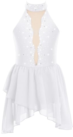 CHICTRY Abito da Pattinaggio Artistico Bambina Paillettes Tutu Vestito Danza Classica Body da Balletto Abito da Ballo Latino Ballerina Costumi di Danza Jazz Performance Bianco C 13-14 Anni