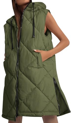 Imily Bela Gilet da donna trapuntato con cappuccio lungo senza maniche giacca gilet di transizione gilet lungo, verde militare, S