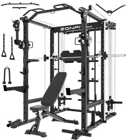EonfitOmni Eonfit E5 Smith Machine with 3D Rotating Arms, Vertical Leg Press, Power Cage Squat Rack with LAT-Pull Down Cable Crossover Rotating Arms System Home Gym All in One (Black, Bench Package)