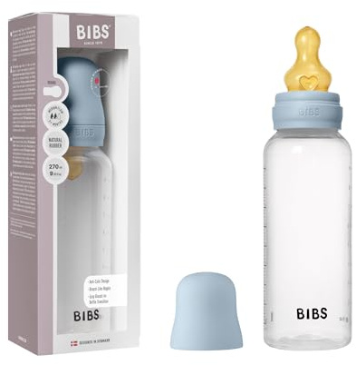 BIBS Baby Bottle 270 ml Natural Rubber Latex Nipple - Anti-Colic, BPA-Free, Round Nipple, Medium Flow, Lightweight & Easy to Clean, Suitable for Newborns 0+ Years - Baby Blue