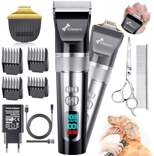 Gimars 4 in 1 Low Noise 4-Speed 7000 RPM Dog Clippers & Paw Trimmer, Cordless Professional Dog Grooming Clippers Kit, Rechargeable Pet Shaver with Comb & Scissors for Dogs, Cats & Horse Thick Hair