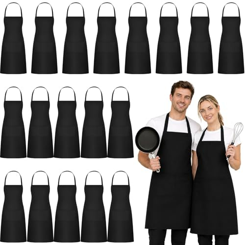 18 Pack Black Bib Aprons with 2 Pockets, 63 x 78 cm, Chef Apron for Adult
