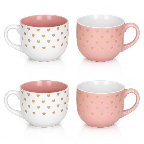 Set de 4 Tazones de Cerámica de 500 ml con Diseño Corazones y Tacto Suave. Ideal para Café, Té y Bebidas Calientes | Juego de Tazas Resistente y Aptas para Microondas y Lavavajillas - No Pierden Color