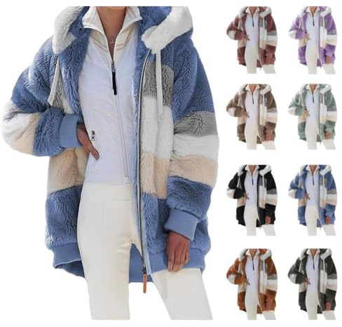 Fleecejacke Hoodie Damen Kapuzenpullover Teddy Fleecejacke Mantel Warm Gefüttert Winter Oberteile Flauschig Plüschjacke Sweatshirt mit Kapuze und Taschen Reißverschluss Winterjacke Oversize