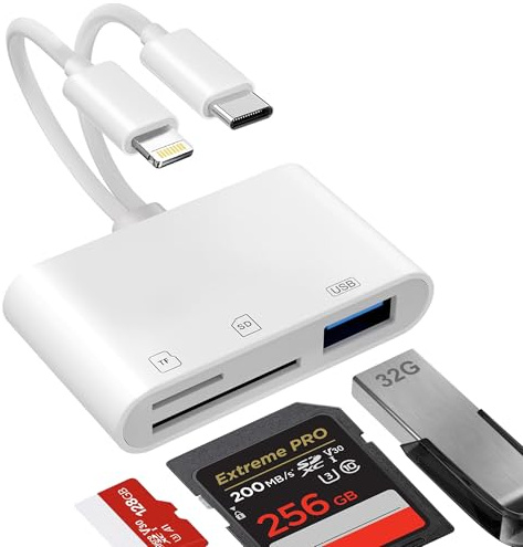 Lector Tarjetas SD, [Certificado Apple MFi] 3 in 2 Lightning y USB C Adaptador Tarjeta SD iPhone con SD/MicroSD/USB3.0 Slots, SD Card Reader para iPhone 17/16/15/14/13, iPad, Macbook, Samsung, Cámara