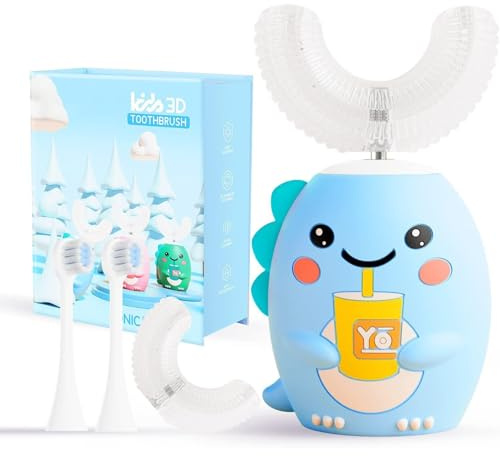 U-Förmige Elektrische Kinderzahnbürste mit 4 Bürstenköpfen, Kinder-Schallzahnbürste mit 5 Modi, Cartoon-Dinosaurier-Design, 360-Grad-Reinigung, IPX7 Wasserdicht (Für 6-12 Jahre (Blau))