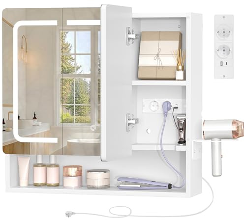 TEENFON Armario Espejo Baño con Iluminación LED, Brillo Ajustable, 3 Colores, Espejo Plegable, Múltiple Toma de Corriente, Estantes Ajustables, Soporte para Secador de Pelo,70 * 15 * 65cm