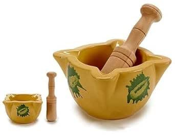 Gran Mortero Rústico de Cerámica Amarillo de 16cm con Mano de Madera de16cm, Diseño Tradicional con Decoración Verde.
