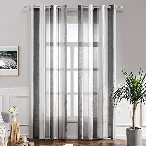 MIULEE Gardinen Gestreift Transparent mit Ösen, Voile Vorhänge Wohnzimmer Modern 2er Set, Vorhang Schlafzimmer Transparent mit Dunkelgrau Weiss Gestreift, Vorhang Halbtransparent Streifen 140X245 cm