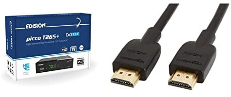 Edision Picco T265+ Receptor Terrestre TDT DVB-T2 y por Cable DVB-C, H265 HEVC FTA Full HD PVR, USB, HDMI, SCART, S/PDIF, Sensor IR & Amazon Basics - Cable HDMI 2.0 de Alta Velocidad Ultra HD