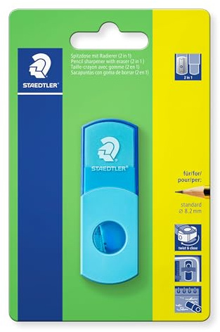 Staedtler Sacapuntas con goma de borrar, color turquesa neón, sin ftalatos ni látex, para lápices de formato estándar, resellable, sacapuntas 2 en 1 en blíster, 511SEF30BK