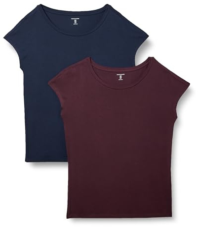 Amazon Essentials Women's Jersey Standard-Fit Short-Sleeve Boat-Neck T-Shirt, Pack of 2, Burgundy/Navy, X-Small