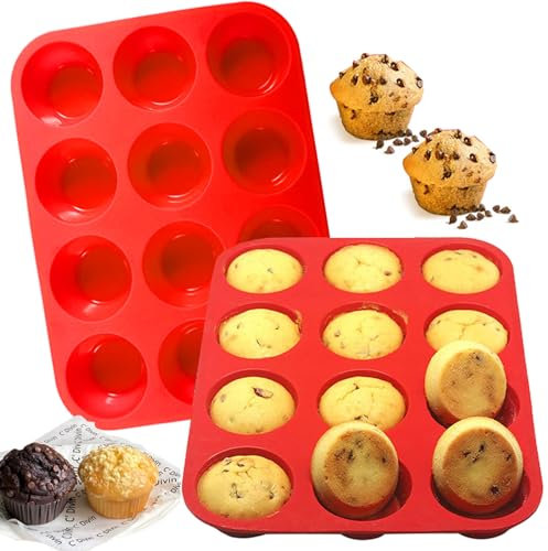 Lithyc 2 Pezzi Stampo Muffin - Teglia Per Muffin Da Forno - Stampi Muffin Silicone,Teglia Da Muffin Con Rivestimento Antiaderente Per Muffins, Cupcake29.5 * 22 * 3.2cm (Rosso)