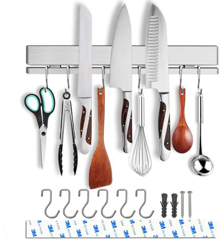HomeSimplex 12 Inch Magnetic Knife Holder for Wall with 6 Hooks No Drill-Double Magnetic Bar Strong Adhesive Knife Magnetic Strip-Kitchen Utensil Hanger-304 Stainless Steel Magnetic Kitchen Knife Rack