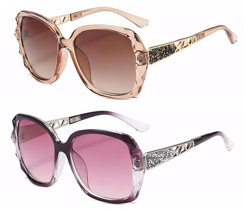 masanoya 2 Pack HD Anti Glare Sunglasses with Polarized Lens for Man and Women UV Protection Trendy Oversized Sun Glasses (Champagne&Purple)