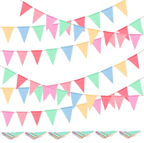 PBUSPU 6 Stück Wimpelkette Outdoor, Mehrfarbig Dreieck Flaggen, Leinenimitat Wimpel für Geburtstag Party Hochzeit Dekoration Luftschlangen, Kinderzimmer, Deko Gartenparty Indoor Outdoor