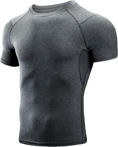 Niksa Men’s Compression Shirt Short Sleeve – Moisture-Wicking, Breathable Workout Top for Gym, Running, Cycling – Quick Dry, Muscle Support, Mesh Ventilation (1 Pack, Grey, XXL)