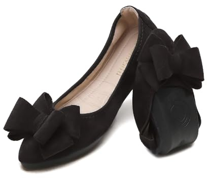 YOUNIFIZ Ballerine da donna pieghevoli alla moda papillon comfort a punta slip on ballerina da donna casual comfort finto camoscio mocassini, Nero , 38 EU