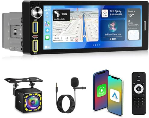 NHOPEEW Radio de Coche de 6,9 Pulgadas 1 DIN con Carplay inalámbrico y Autoradio - Radio de Coche Compatible con FM EQ Mirror Link Steer Wheel Control Doble Puerto USB Tipo-C + cámara de Seguridad