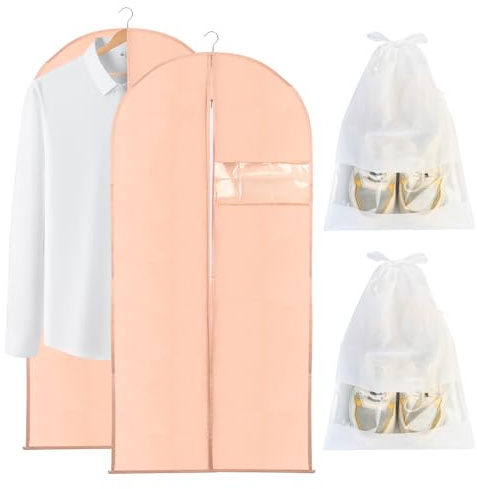 Tenbrachian 2 Fundas Ropa Armario y 2 Bolsas para Zapatos, 60 x 120 cm Fundas de Ropa, Funda Traje Funda Ropa Armario, Bolsa Guardar Ropa Antipolvo para Abrigos Chaquetas Vestidos(Rosa y Blanco)