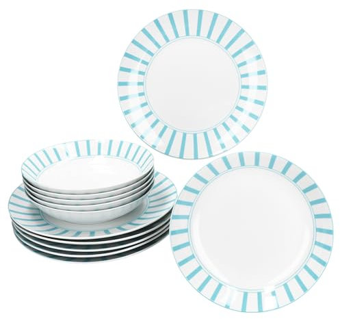 MamboCat Split türkis 12tlg Tafelservice I weißes Porzellan-Geschirr mit Streifen für 6 Personen I 6X Suppenteller & 6X Speiseteller für Frühstück, Mittag & Abendbrot