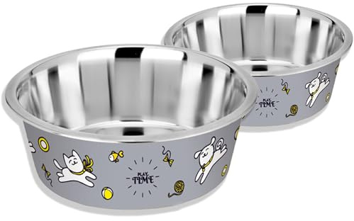2Pc Printed Stainless Steel Dog Bowls, Cat Water Bowl Set, Anti Skid, 750ml | Stylish & Durable Stainless Steel & Plastic Design, Elegant Patented Design, No Noise Feeding, Dishwasher Safe, Versatile