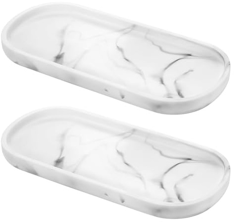 Vassoio da bagno, 2 pezzi, ovale, motivo marmo, in silicone, 25 x 11 cm, vassoio per cosmetici, antiscivolo, per soggiorno, camera da letto, lavandino e cucina