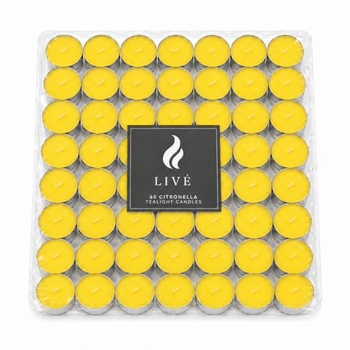 LIVÉ Velas de Té Citronela Antimosquitos Pack 60 Unidades, Velas Aromáticas Amarillas para Interior y Exterior, Candelitas de Citronela 4 Horas, Velas Decorativas para Terraza, Jardín, Balcón y Hogar
