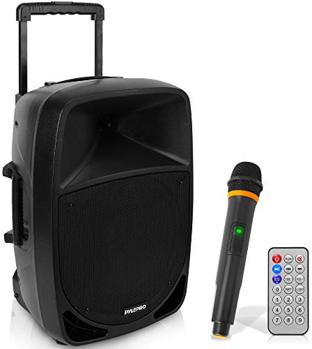 PYLE Sistema de Altavoces, PA, 800W, Bluetooth, Portatil, Recargable, Interiores, Exteriores, Subwoofer de 8”, Lector de MP3/USB/SD, Micrófono, inalambrico, Radio USB/SD, Color Negro