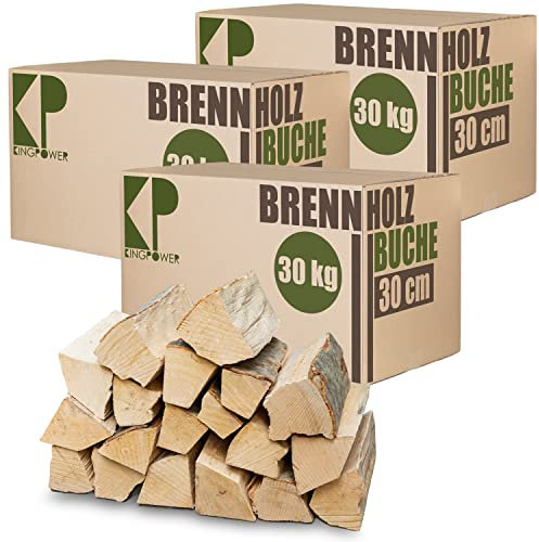 Kingpower Leña Madera 30 kg para Estufa y Chimenea Brasero Parrilla Cesta de Fuego Troncos de Madera de Haya 30 cm Flameup, Cantidad:90 kg