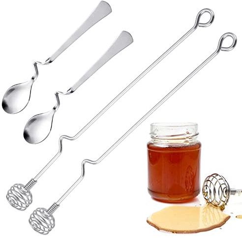 INHEMING 4Pcs Jam Spoons, Honey and Syrup Dipper Long Handle,Stainless Steel Honey Sticks with Hook,Honey Spoon Stirrer Mixing Tool,for Honey Jam Jar Dispense - Silver