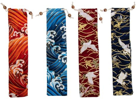 Luxshiny Japanese Style Cutlery Bags 4 Pack Drawstring Chopstick Storage Pouches Soft Fabric Utensils Storage Bags for Forks Spoons Dining Tables Home Use Outdoor Picnics Parties