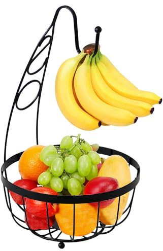 UNIQUE HOME LIVING Fruit Basket Rack Bowl with Banana Hook, Vegetable Storage with Banana Tree Holder for Kitchen Countertop Dining Table