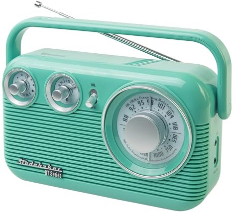 Studebaker SB2003BT Bluetooth Retro Portable AM/FM Radio with AC or Battery Operation (Teal)