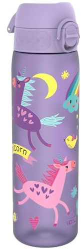 Ion8 Borraccia a Prova di Perdite, 500ml, Facile da Aprire, Serratura Sicura, Lavabile in Lavastoviglie, Senza BPA, Maniglia per il Trasporto, Adatta a Portabicchieri, Facile Pulizia, Unicorni Viola