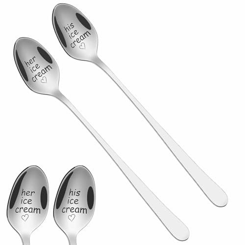 2 Pieces Ice Cream Engraved Spoons His & Hers Couple Gift Idea Anniversary Wedding Valentines Wife Husband Boyfriend Girlfriend Engagement Stainless Steel Coffee Tea Dessert Silverware