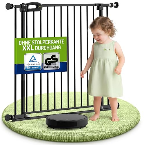 Bomi Treppenschutzgitter Merle Flatstep, Breite 63-71 cm | Türschutzgitter ohne Bohren, stabile Kindersicherung für Kind & Hund, TÜV geprüftes Hundegitter, Türgitter, Treppengitter, Metall Schwarz