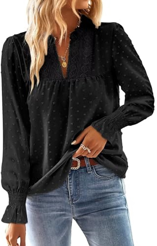TUUHAW Tunique Femme Chemise Chic et Élégant Automne Col en V Manches Longues Dentelle Top à Point Suisse Couleur Unie Blouse Décontracté Chemisier Confortable Noir M