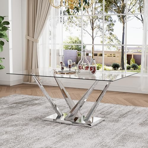 HAIZAO 63'' Rectangular Glass Dining Table for 4-6, Luxury Kitchen Table with Tempered Glass and Aesthetic Silver Stainless Steel Base, Modern Dinner Table for Home, Apartment
