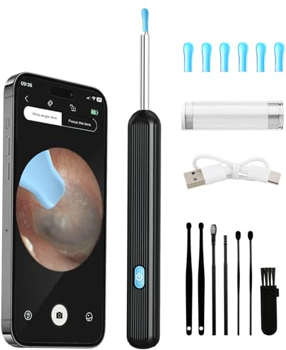 Otoscopio Limpiador Oidos 1080P HD para Adultos, Niños, WiFi Limpiador de Oídos con 3,5mm Cámara, 6 Puntas de Silicona suave y 6 LED, Otoscopio Removedor de Cerumen para Smartphones(Negro)